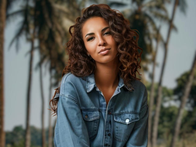 KayaOcean, mit lockigem, braunem Haar und einem blauen Jeanshemd, hat ein süßes, selbstbewusstes Lächeln und steht vor unscharfen Palmen. Ihre Brüste sind unter dem Hemd sichtbar..