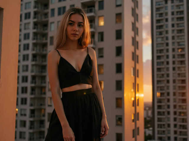 FancyRosie with long blonde hair, wearing a black bralette and high-waisted black skirt, standing in front of tall apartment buildings during sunset, light in her eyes.