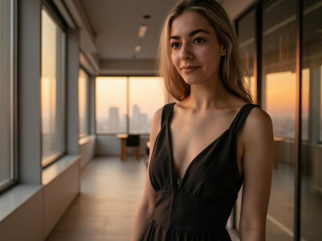FancyRosie, with her small tits and cute face, stands in a sunlit room wearing a black, low-cut dress, smiling softly, blonde hair flowing, light brown skin, and subtle makeup.