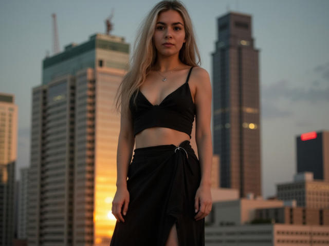 FancyRosie stands in front of skyscrapers at sunset, wearing a black bra and tied black skirt, with long blonde hair and a neutral expression. Boobs visible.