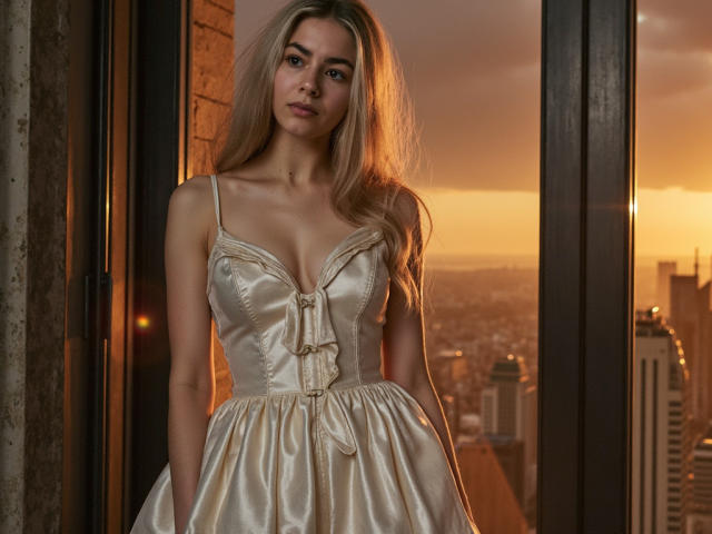 FancyRosie with long blonde hair, wearing a shiny satin dress, standing in front of a sunset window, showing her small tits and subtle ass, in a warm, golden light.