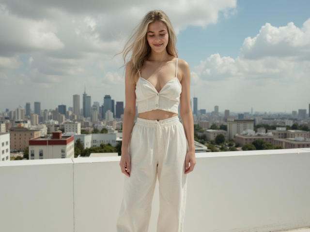 FancyRosie stands on a rooftop, wearing a white, sleeveless, button-up crop top with her tits slightly visible, and high-waisted, loose white pants. She has blonde hair, a small ass.