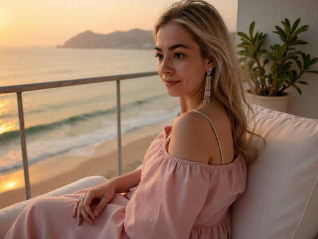 FancyRosie with blonde hair, pink off-shoulder dress, and dangling earrings, sitting on a white couch, looking over her shoulder, smiling at the sunset over the ocean.