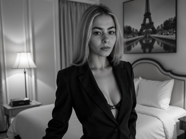 FancyRosie with blonde hair, wearing a black blazer, exposing her small tits with a black bra, in a black-and-white photo, standing in a bedroom with a lamp.