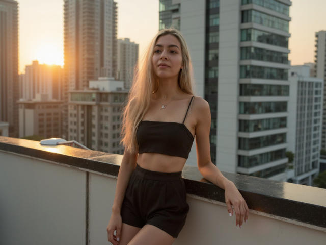 FancyRosie with long blonde hair, black crop top, and black shorts, leaning on a balcony railing, sunset in the background, city skyline with tall buildings.
