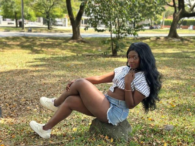 SaraBii with dark skin, long black hair, striped crop top, and denim shorts, sitting on a rock, showing her ass, with white sneakers, in a sunny park.