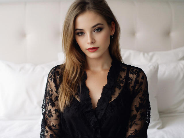 DanaSmile, con cabello rubio, vestida con una bata de encaje negro, mostrando los senos, sentada en una cama blanca, mirando a la cámara con lápiz labial rojo y una ligera sonrisa..