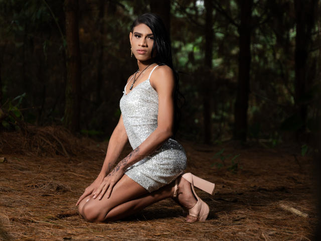 LissyAndrade kneels on pine needles in a forest, wearing a sparkly silver dress and nude heels, with long black hair and a tattoo on her right arm.