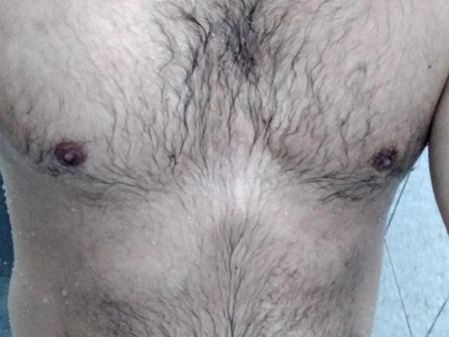 Solteiroc's hairy chest with small, pink nipples and a visible line of dark body hair running down to his lower abdomen. Solteiroc's skin is light.