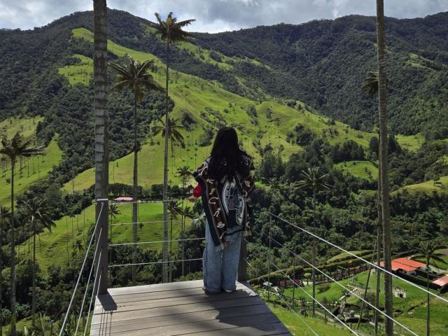 LianaBernocchi stands on a wooden bridge, facing green hills, wearing a black patterned jacket and blue jeans, with long black hair, palms rising on either side.