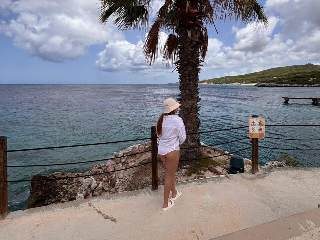 NatSorian è in piedi su una sporgenza in cemento, di spalle alla telecamera, indossa una camicia bianca, un cappello beige, scarpe bianche e un costume da bagno marrone, con una palma e l'oceano sullo sfondo..