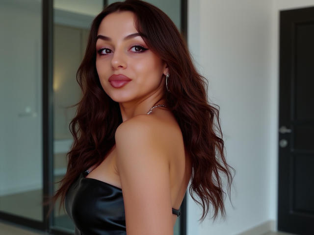 CourtneyLust with long brown wavy hair, wearing a black leather strap top, looking over her shoulder, showing her bare shoulder and hoop earrings, with pink lipstick and subtle makeup.