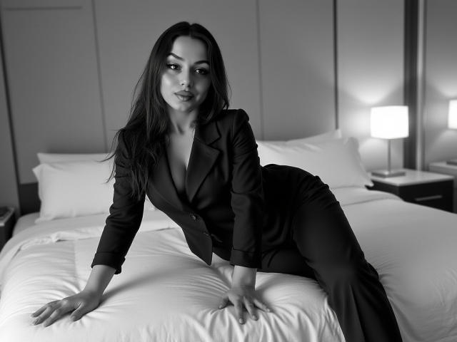 Black-and-white photo of CourtneyLust with long dark hair, wearing a fitted black suit, leaning on a bed with white sheets, her hands on the bed, looking seductively at camera.