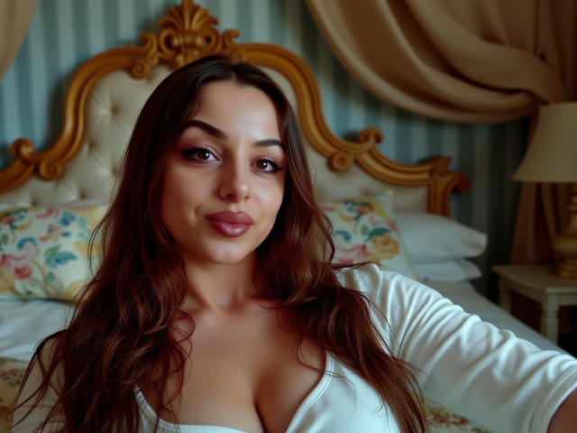 CourtneyLust with long brown hair, full lips, and large tits in a white top, smiling at the camera in a bedroom with a tufted, ornate gold headboard.