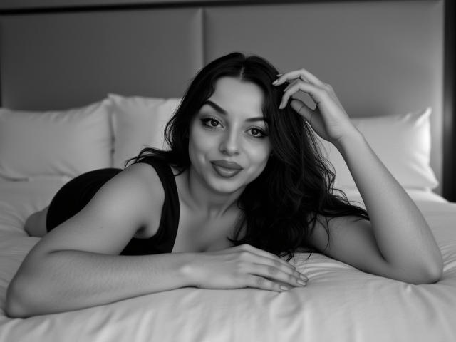 CourtneyLust, laying on a bed, black dress, smiling, long dark hair, one hand in hair, other hand on bed, soft gray pillow, black and white, sexy.