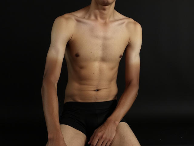 MiloCruz, skinny with a flat chest, wearing black briefs, sitting with arms resting on knees, dark background, visible ribcage, slim legs, light skin, slightly muscular.