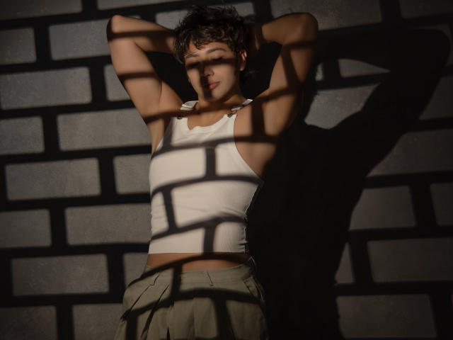 TonyDan with short brown hair, arms raised, wearing a white tank top and green pants, shadowed by a brick pattern, standing against a wall, mid-shot, relaxed.