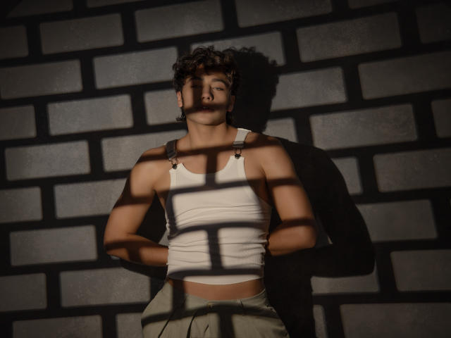 TonyDan, con cabello castaño rizado, vistiendo una camiseta blanca y pantalones verdes, de pie frente a una pared de ladrillo con patrones de sombra en su cuerpo, con las manos en los bolsillos, luciendo relajado..