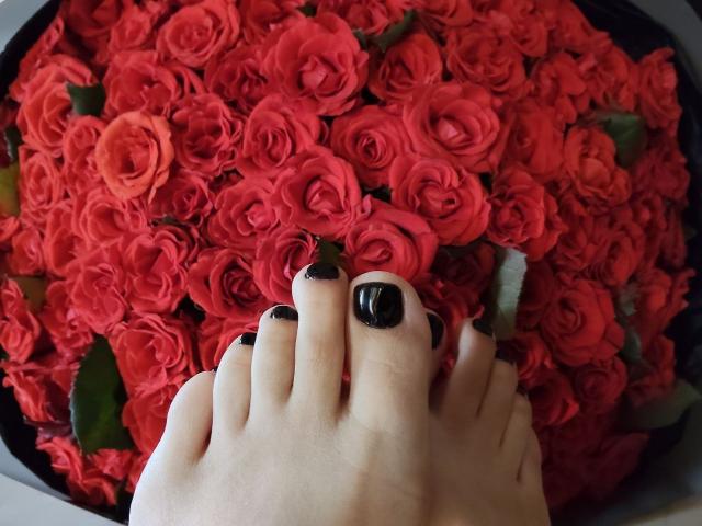 Nurri's foot with black nail polish is in the bottom left, surrounded by a pile of red roses in a black bowl. Roses fill the top and right.