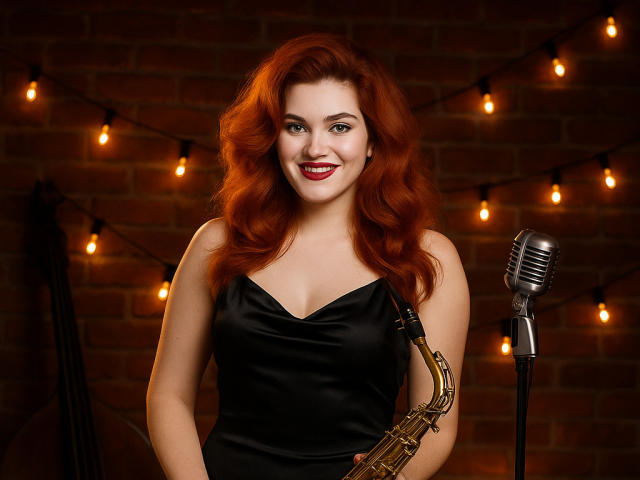 LindaSauver with red hair, wearing a black satin dress, holding a saxophone, standing in front of a vintage microphone, smiling with red lipstick, cute and sexy.