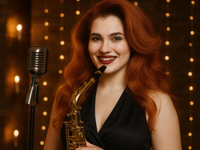 LindaSauver with red hair, smiling, holding a golden saxophone, wearing a black halter top, standing in front of a vintage silver microphone, with warm, blurred lights.