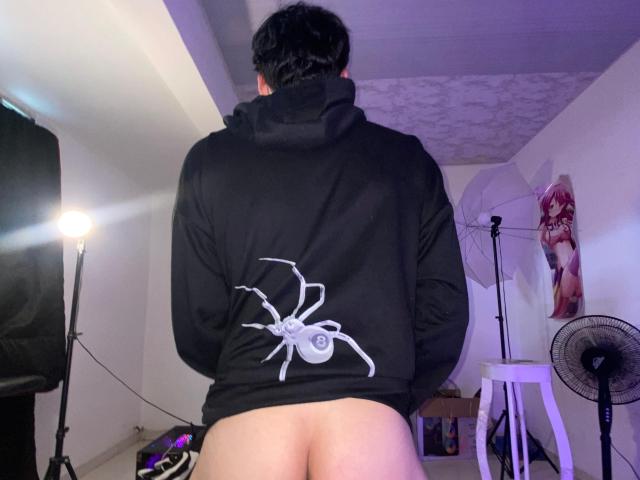 LinoRayn with black hoodie, white spider design, bare ass, standing, back to camera, in room with studio lights, standing fan, and pink anime-style wall art.