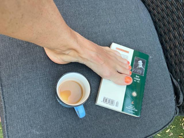PleasureWeCouple's foot with orange nails rests on a green tea box, next to a blue mug of tea, on a gray textured chair.
