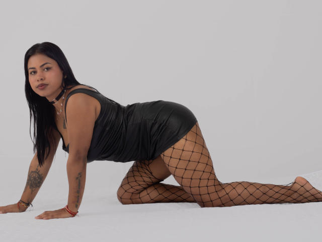 Michy69, dark-haired Latina, on all fours, wearing black leather dress, fishnet stockings, choker, tattoos, red bracelet, looking at camera, white background, sexy, curvy, butt up.