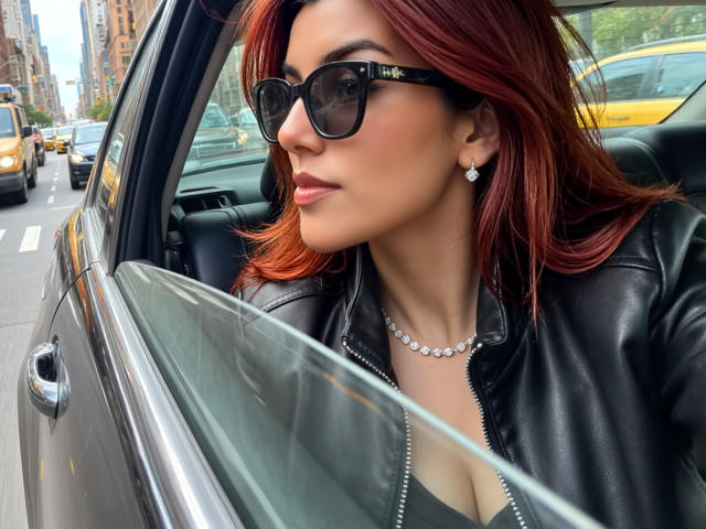 ZoeeMar with red hair, black sunglasses, and a black leather jacket, showing cleavage in a car, wearing a diamond necklace and earrings, looking confident and sexy.