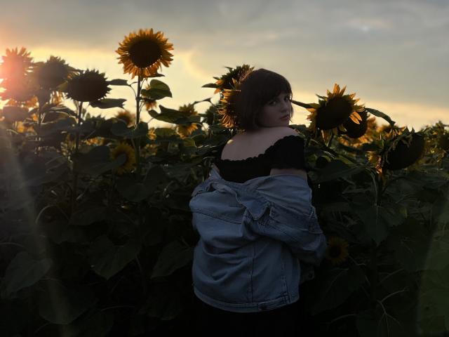 StaceyLex con girasoles, de espaldas a la cámara, camisa negra, chaqueta vaquera quitada, atardecer, corte de pelo bob marrón oscuro, mirando por encima del hombro, flores altas, pétalos naranjas, hojas verdes, luz suave, crepúsculo..