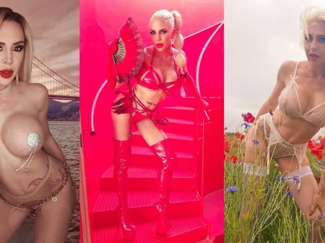 Kate-Monroe-hot in three images: left, nude with tan skin, large tits, red lips, chain belly, tattoo; center, red latex, high boots, hand fan, stairs; right, lace, field, flowers.