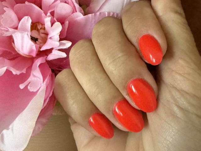 As mãos de MargoRoiss, com unhas brilhantes e vermelhas vibrantes, estão apoiadas ao lado de uma flor de peônia rosa. Seus dedos estão levemente curvados, exibindo suas unhas bem cuidadas e brilhantes..