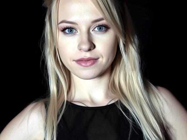 Cindy-Lust has blonde hair, blue eyes, and a slight smile. She's wearing a black sleeveless top and has pink lipstick on her slightly chubby face.