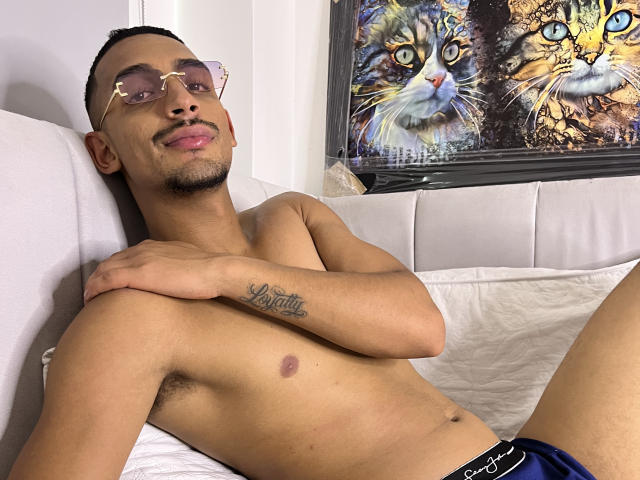 LuckyStar69, ohne Hemd, mit Brille, mit einem Tattoo auf dem rechten Arm, sitzend auf einem weißen Sofa, mit sichtbaren Urinflecken in der Hose, Katzenbild im Hintergrund, lächelnd, entspannt..