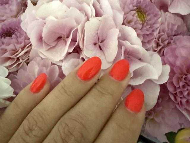 Margos Roiss' Hand mit glänzenden, leuchtend roten Nägeln ruht auf rosa und violetten Blumen und präsentiert ihre glänzenden, gepflegten Brüste..