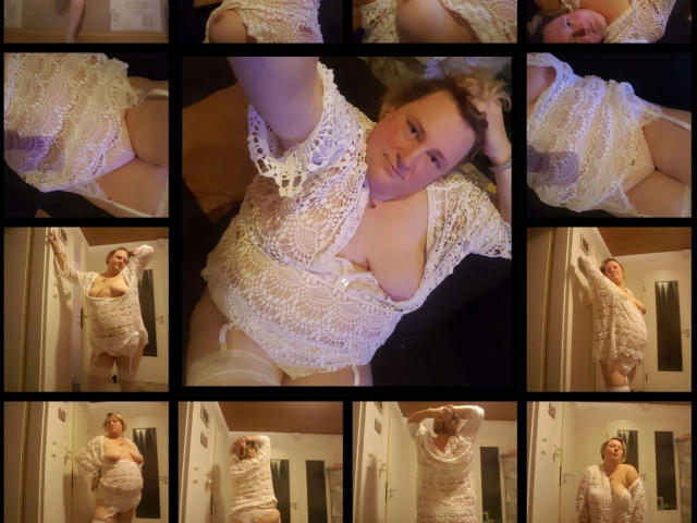KleinerTeufel82-hot, a plus-sized woman with blonde hair, wearing a white lace dress, exposing her large tits and ass, in a series of provocative, overhead, and side-view photos.