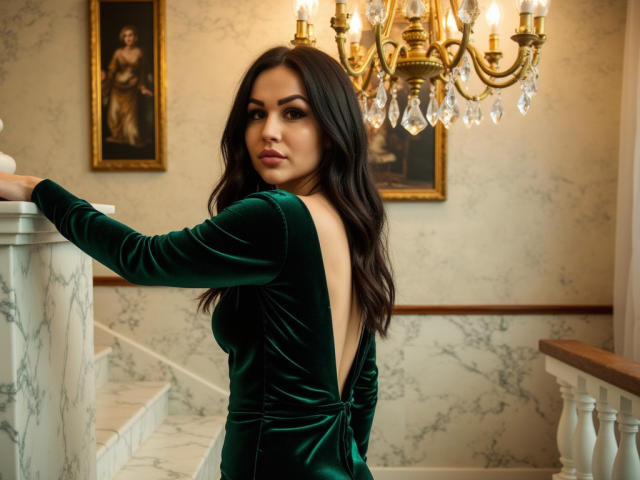 InkedFaye, avec de longs cheveux noirs, une robe en velours vert, un dos dégagé, debout, regardant par-dessus son épaule, un lustre au-dessus, un escalier en marbre, élégante, sexy, fesses, postérieur, belle, confiante, sourire subtil..