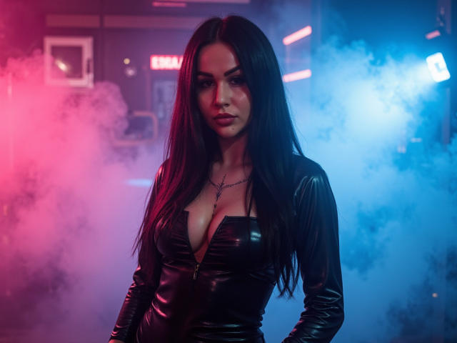 InkedFaye, avec de longs cheveux noirs, portant une robe en cuir noir moulante avec un décolleté plongeant, se tient dans une pièce brumeuse bleue et rose, affichant une attitude confiante et séduisante..