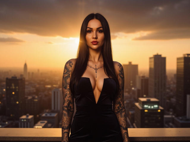 InkedFaye stands in a sunset city skyline, wearing a low-cut black dress, showing big boobs, tattooed arms, and long dark hair, with a serious, sexy expression.