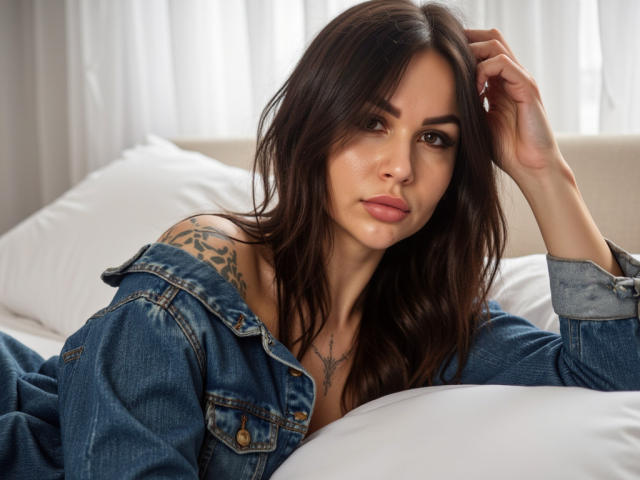 InkedFaye with long brown hair, denim jacket, and visible tattoo on shoulder, lying on white bed, hand in hair, looking at camera with slightly parted lips.