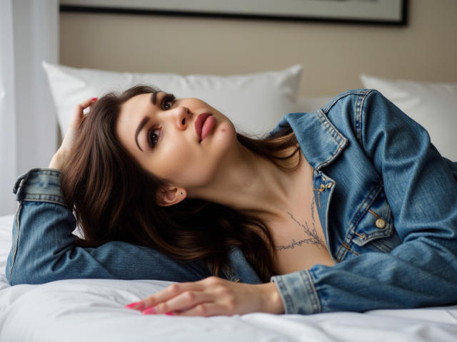 InkedFaye, avec de longs cheveux bruns, allongée sur un lit blanc, portant une veste en jean bleu, une main dans les cheveux, des ongles roses, un tatouage discret sur la poitrine, regardant l'appareil photo avec une expression détendue..