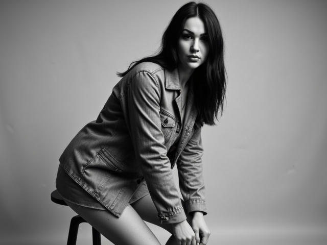 InkedFaye, avec ses cheveux noirs et ondulés, se penche en avant sur un tabouret, portant une veste en jean, et dévoilant ses fesses, sur une photo en noir et blanc, sérieuse et sexy..