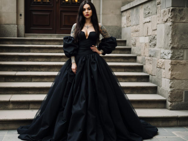 InkedFaye in a black, puffy-sleeve, low-cut ball gown with a wide, black-tulle skirt, standing on stone steps, tattoos on arms, long dark hair, red lipstick.