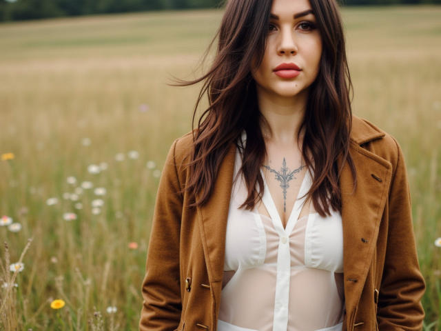 InkedFaye with wavy brown hair, wearing a brown suede jacket and white button-up showing her tits, has a chest tattoo and stands in a field of flowers.
