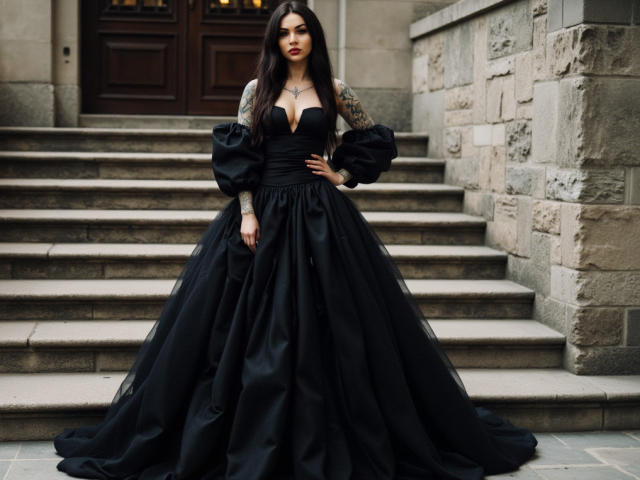 InkedFaye in a black, puffy-sleeved, strapless gown with a large butt, standing on stone steps, tattooed arms, dark hair, red lipstick, hand on hip, looking fierce.