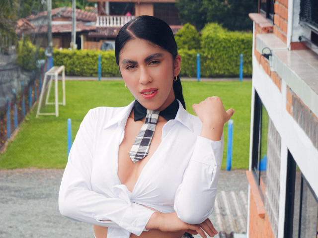 LilyGreay with black hair in pigtails, wearing a white button-up shirt, plaid tie, and crossed arms, has a cute face, small nose, and is showing her tits slightly.