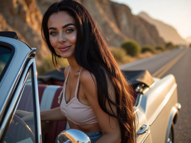 StellaModel met lang donker haar, een roze topje en jeans, leunt in een oldtimer, glimlachend, waarbij haar borsten licht zichtbaar zijn, op een zonnige weg met rotsachtige heuvels..
