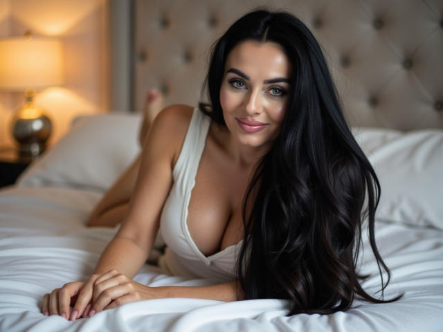 StellaModel with long black hair, lying on a bed, wearing a white dress, showing her big tits, smiling, looking at the camera, on white bed sheets.