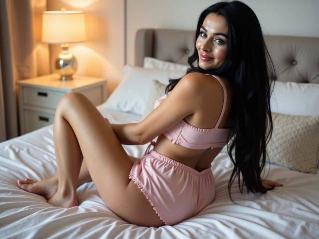 StellaModel with long black hair, pink lingerie, and a cute smile, sitting on a bed, showing her ass and back, legs crossed, looking over her shoulder.