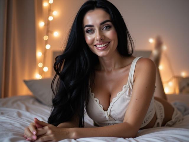 StellaModel met lang zwart haar, lachend, draagt een witte kantbh, toont haar borsten, ligt op bed, handen voor zich, sfeerverlichting op de achtergrond, zacht licht, schattig..